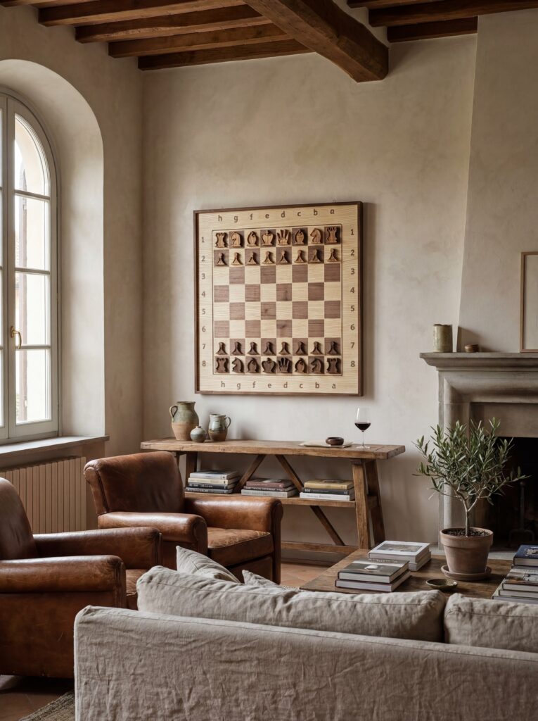 Großes hängendes Schachbrett aus Holz als exklusive Wanddekoration in einem stilvollen Wohnzimmer.